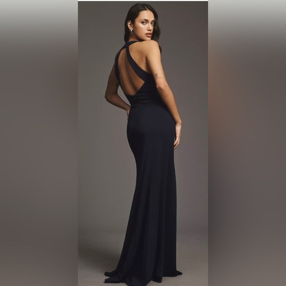 NWT BHLDN Juliana High-Neck Side-Slit Stretch Crepe Maxi Dress in Navy Size 8 - Picture 2 of 4